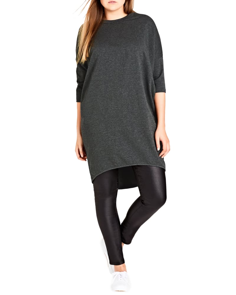 Front of a model wearing a size XS Mary Oversize Top in Charcoal Grey by City Chic. | dia_product_style_image_id:233323